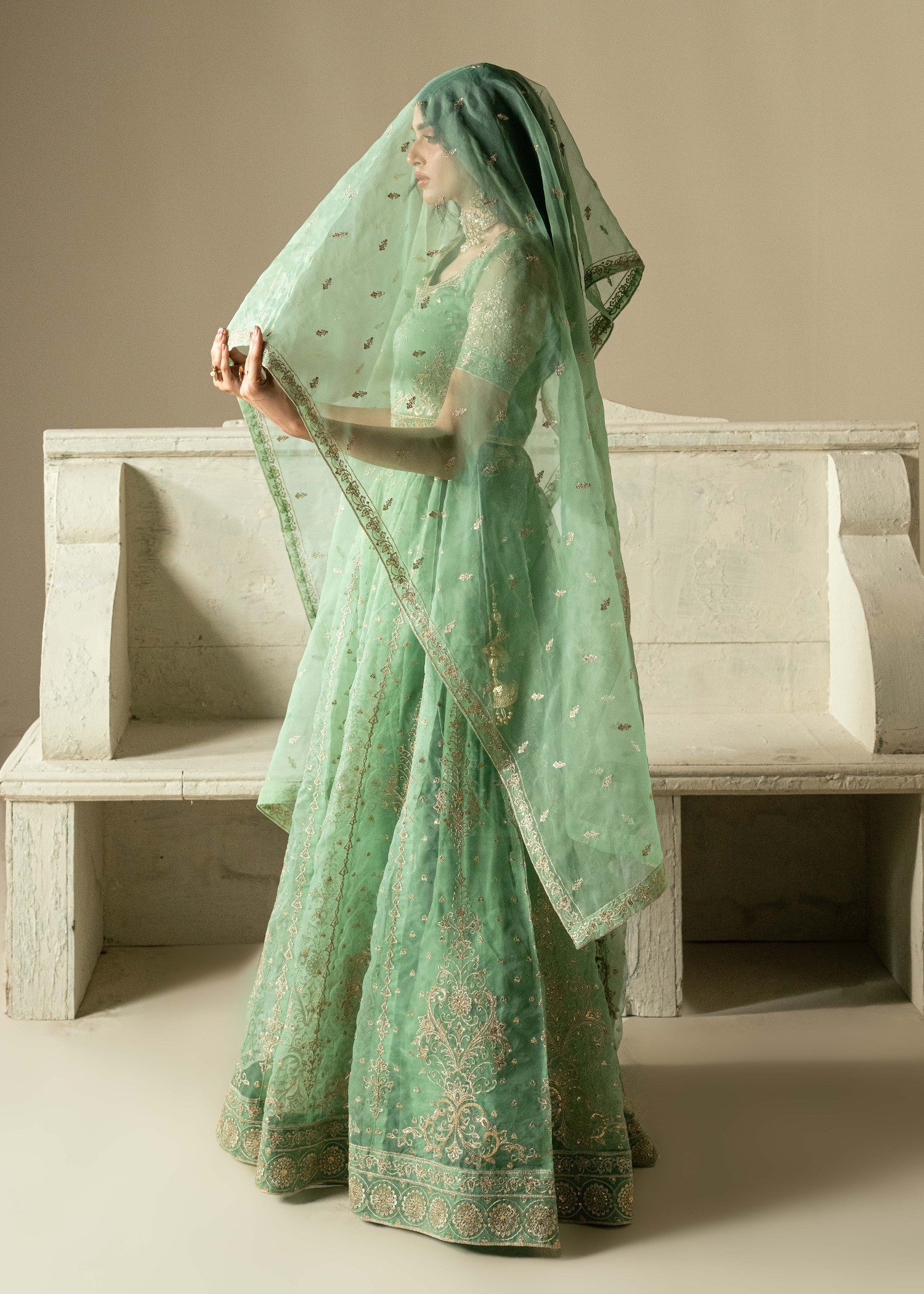 Sea Green Organza Bridal Lehenga Online in Dubai UAE Abudhabi Ajman Sharjah