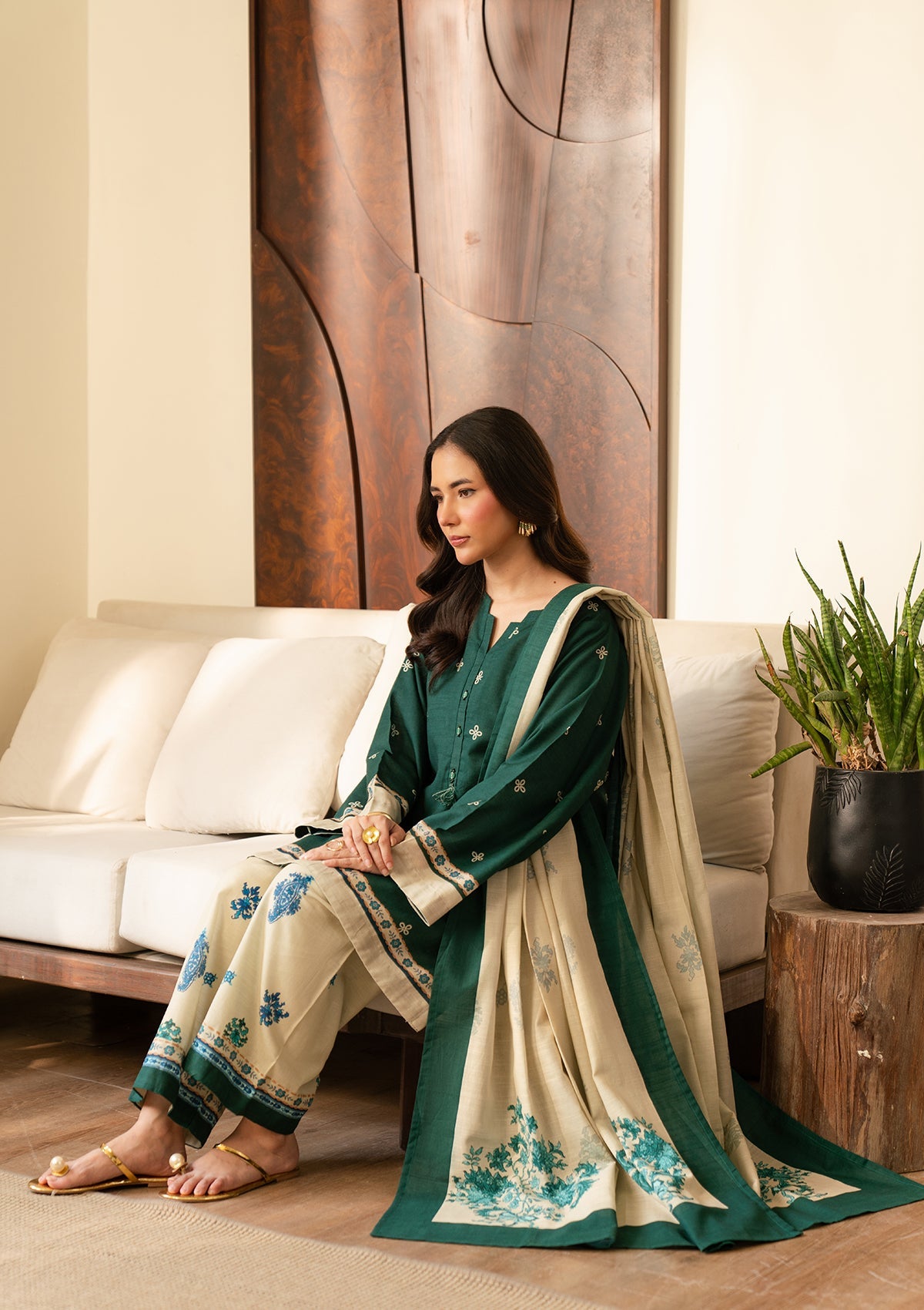 Sea Green Printed Khaddar Kurta Trouser Dupatta Set Online in UK USA Canada