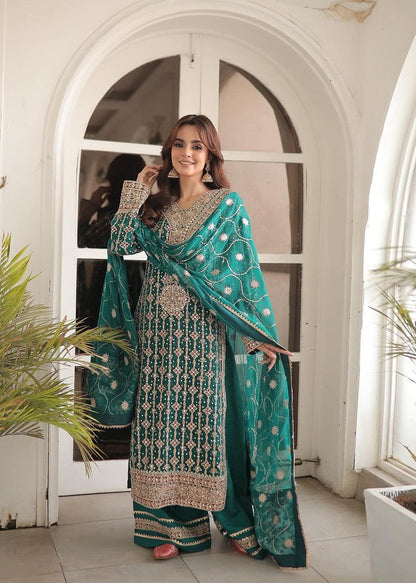 Sea Green Raw Silk Trouser Chiffon Dupatta Suit Online in Dubai DXB UAE Abudhabi Meena Bazaar