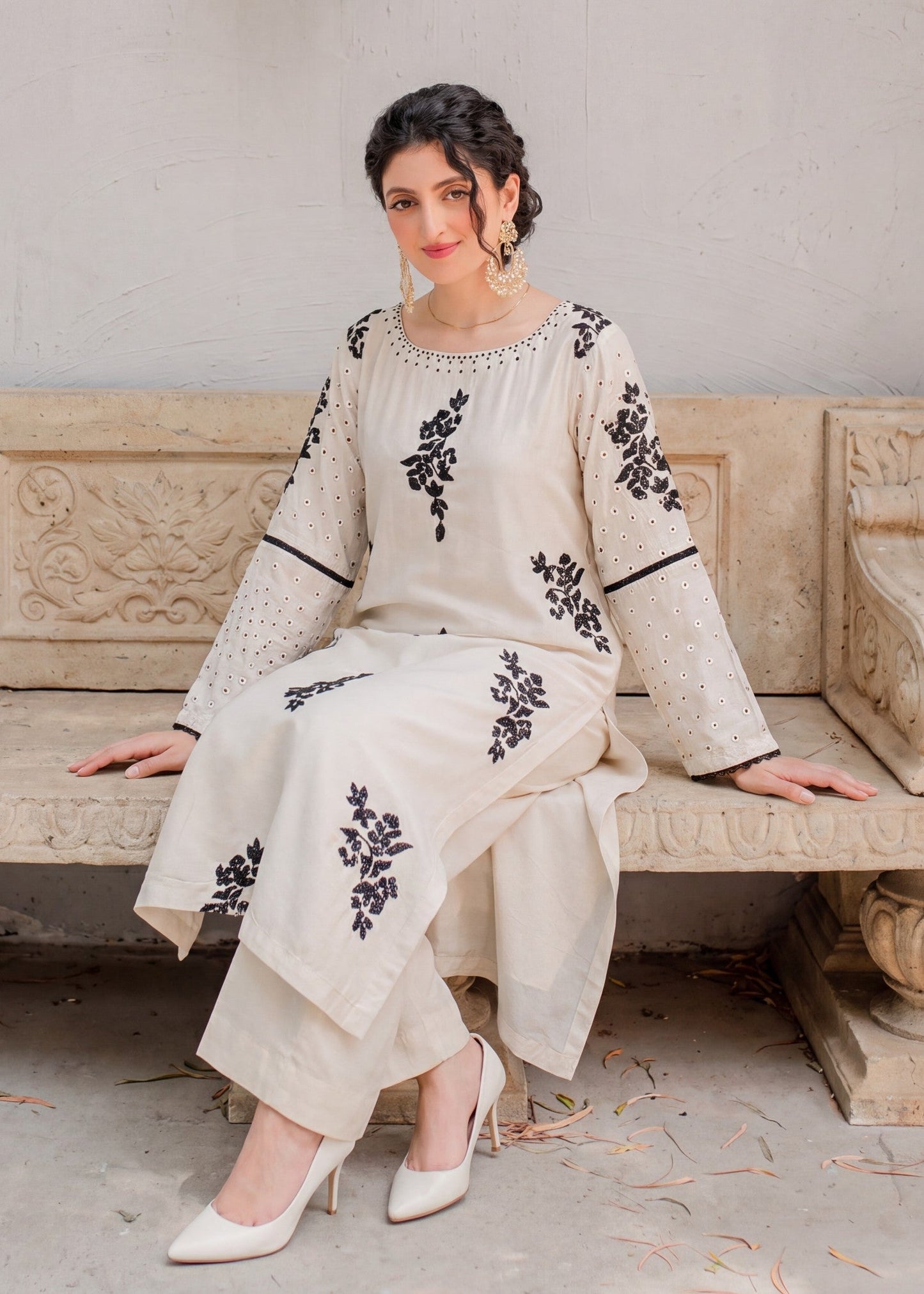 Sequined Beige Linen Kurti with Straight Pants Online in Dubai DXB UAE Abudhabi Meena Bazaar