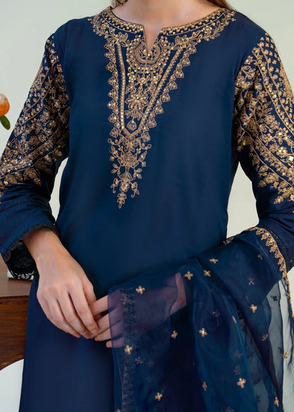Navy Blue Sequins Embroidered Cotton Kurta Set with Dupatta