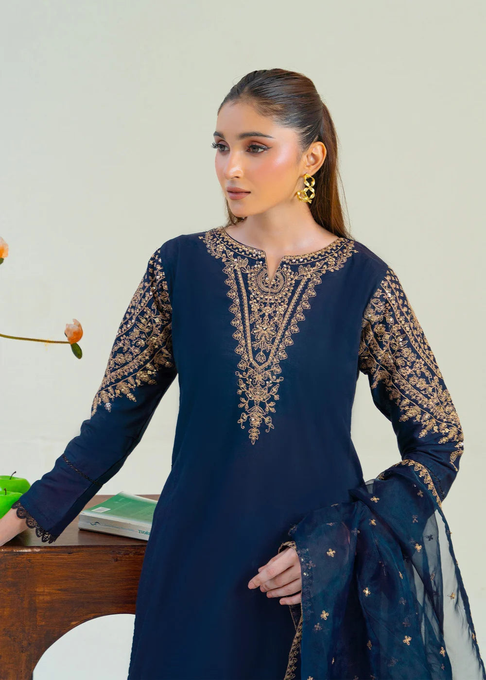 Navy Blue Sequins Embroidered Cotton Kurta Set with Dupatta