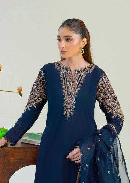 Navy Blue Sequins Embroidered Cotton Kurta Set with Dupatta