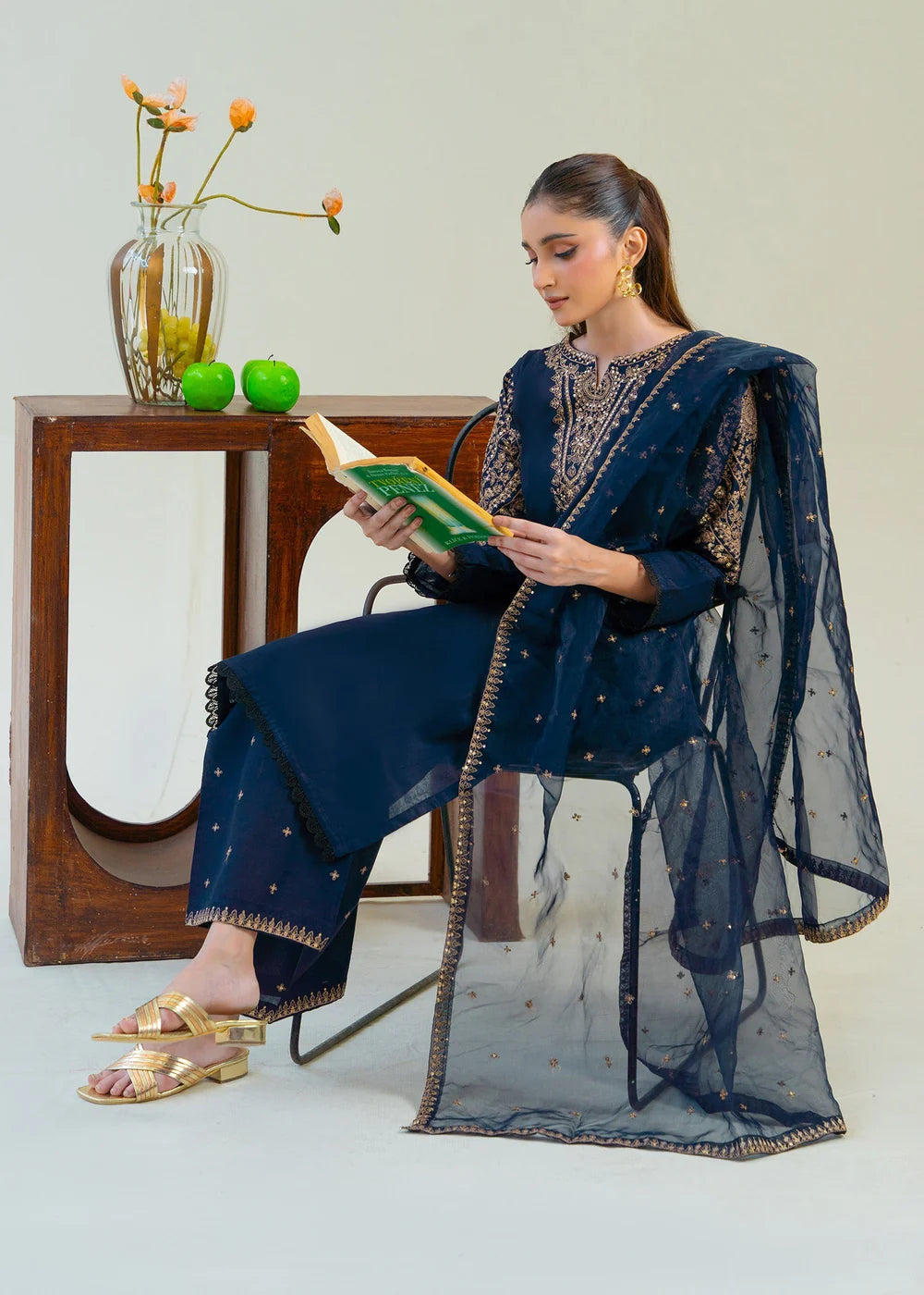 Navy Blue Sequins Embroidered Cotton Kurta Set with Dupatta