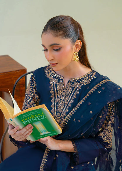 Navy Blue Sequins Embroidered Cotton Kurta Set with Dupatta