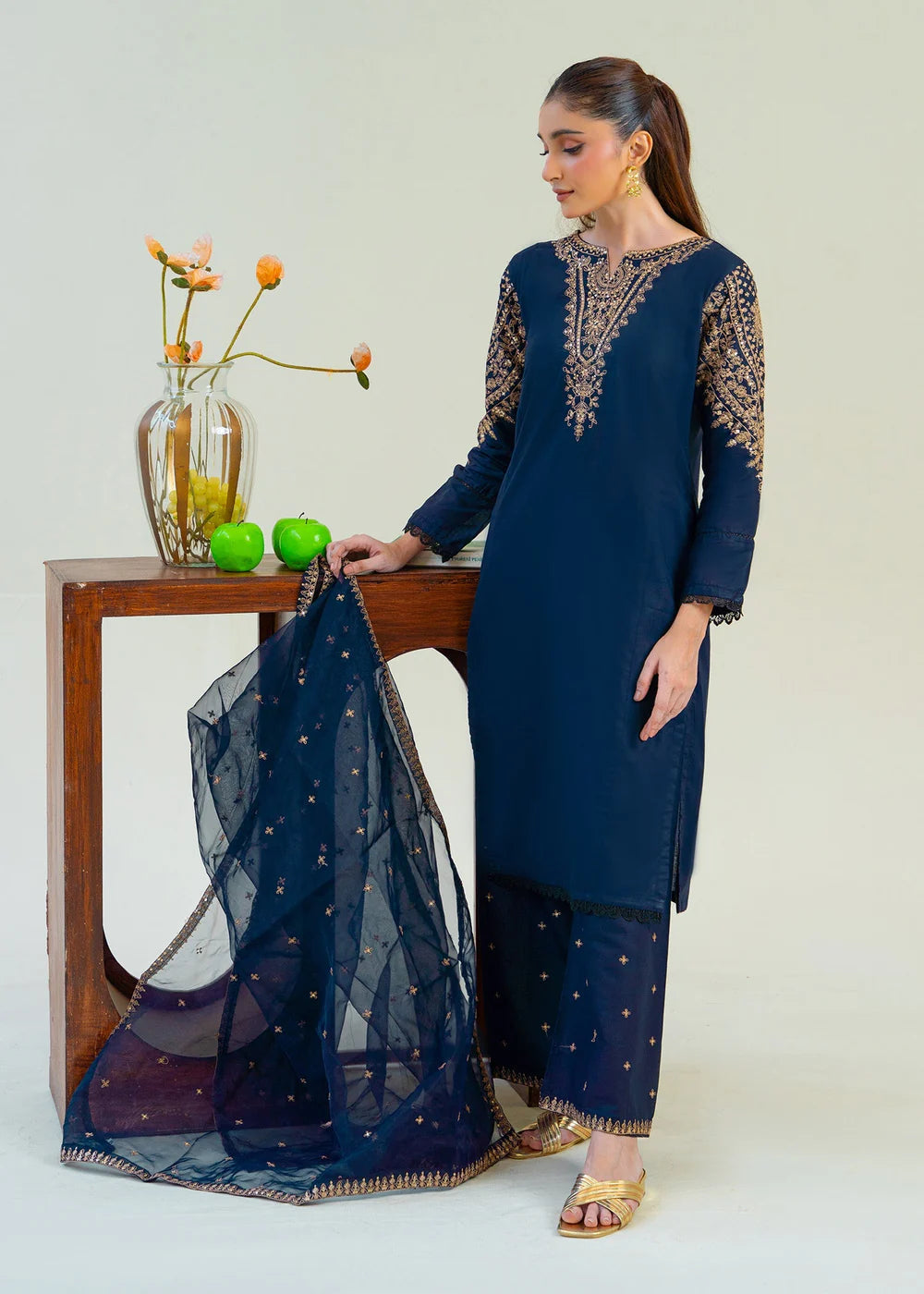 Navy Blue Sequins Embroidered Cotton Kurta Set with Dupatta