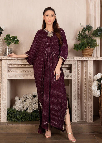 Maroon Embroidered Chiffon Kaftan