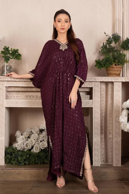 Maroon Embroidered Chiffon Kaftan