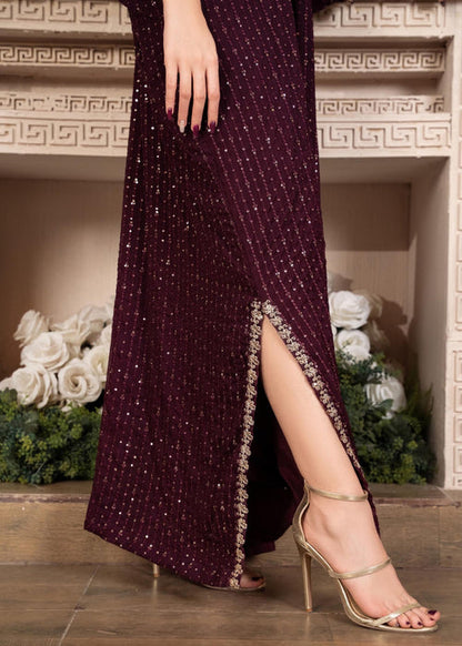 Maroon Embroidered Chiffon Kaftan