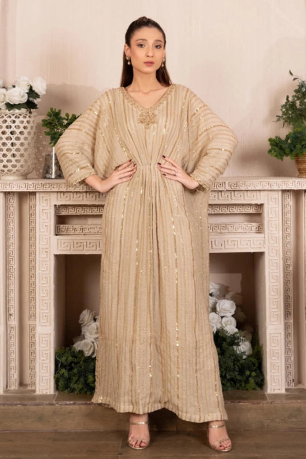 Cream Sequins Embroidered Chiffon Kaftan