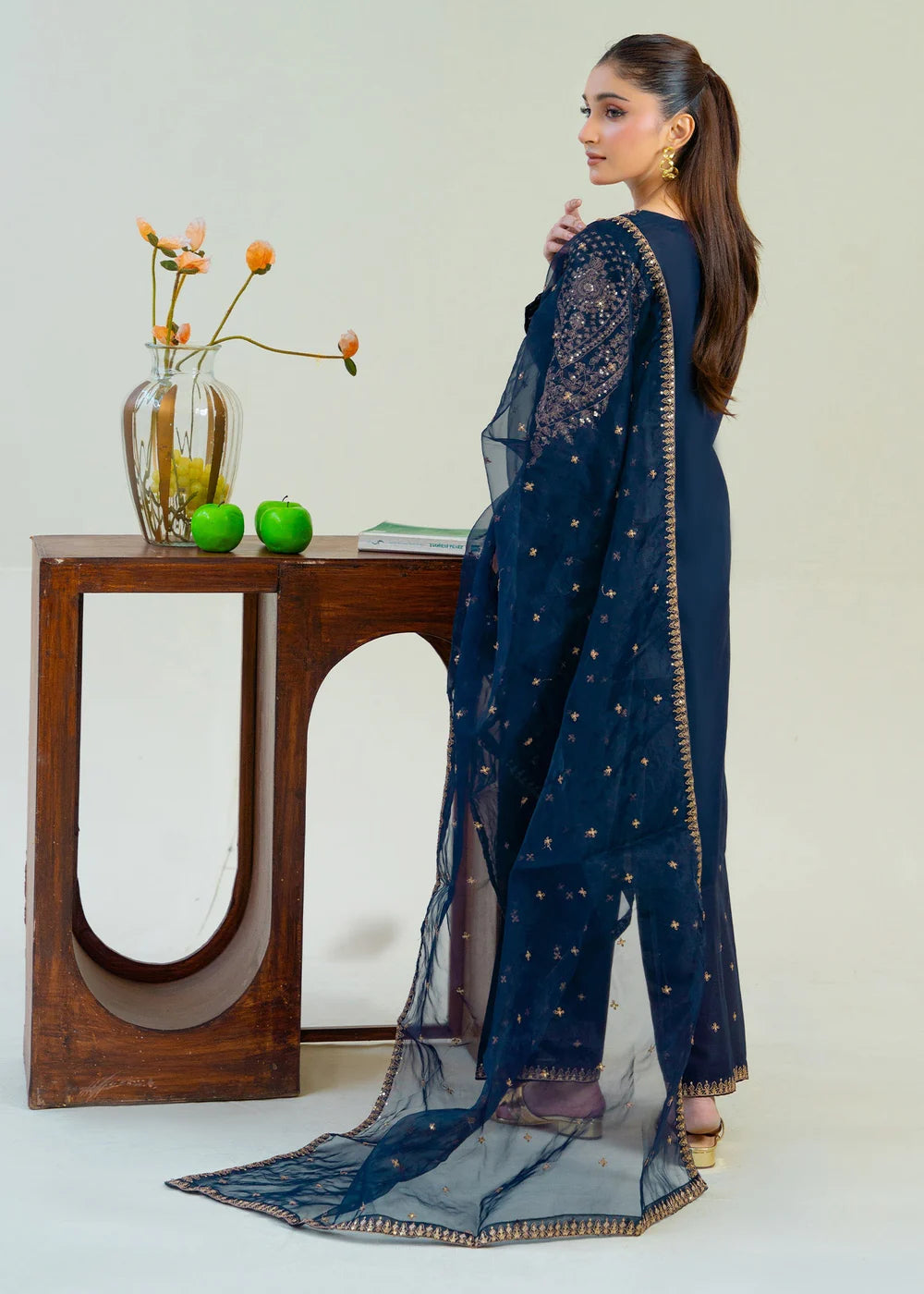 Navy Blue Sequins Embroidered Cotton Kurta Set with Dupatta