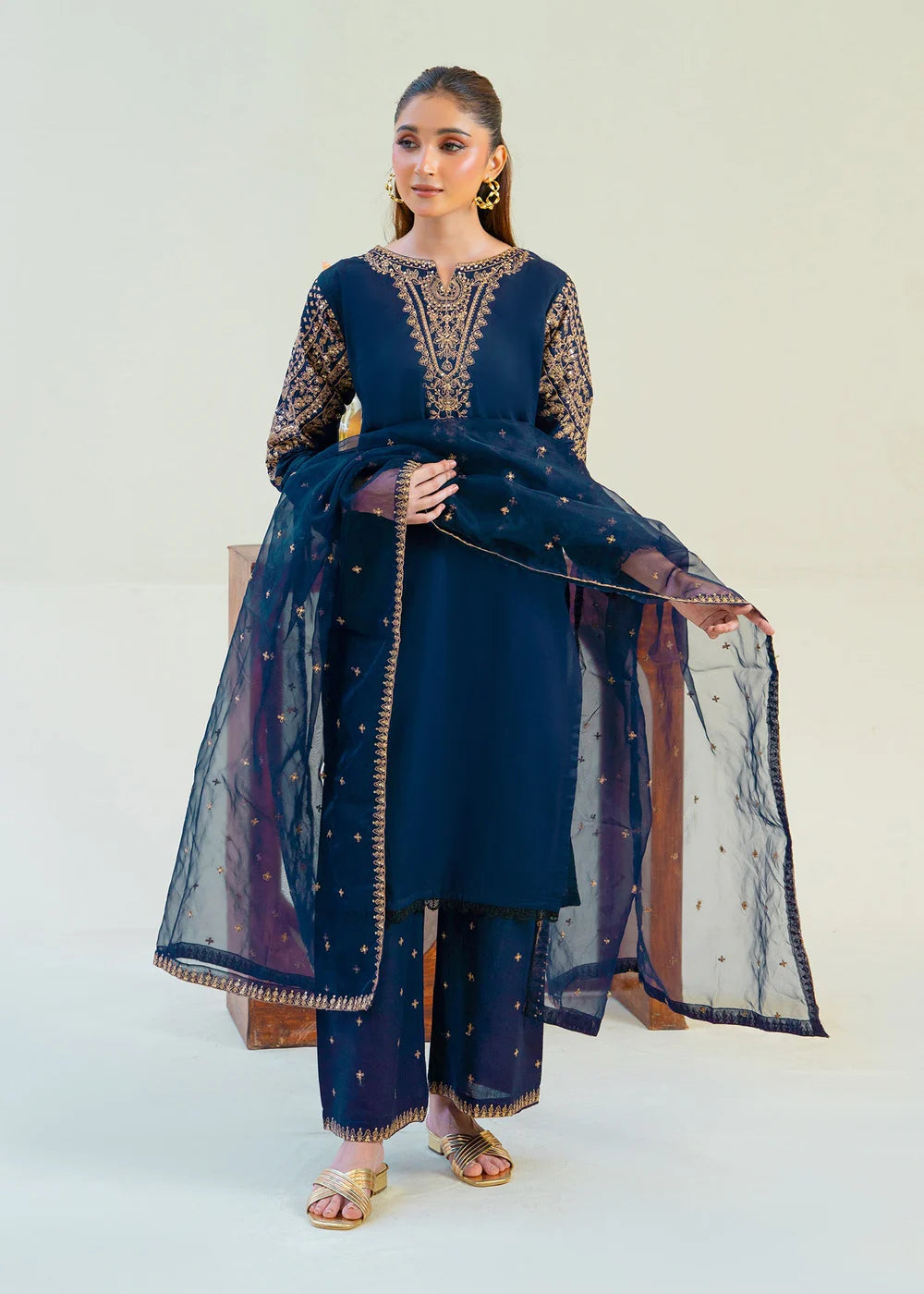 Navy Blue Sequins Embroidered Cotton Kurta Set with Dupatta