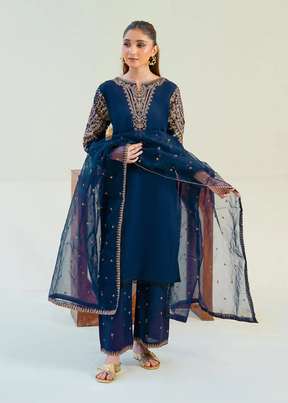 Navy Blue Sequins Embroidered Cotton Kurta Set with Dupatta