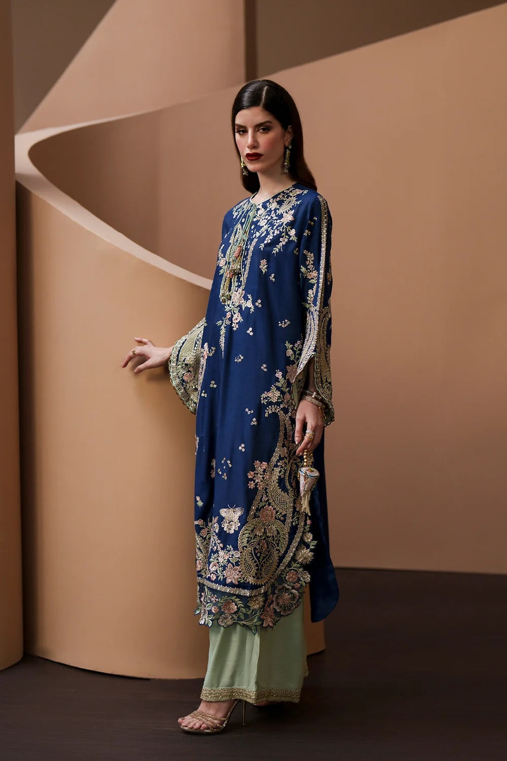 Shamooz Silk Blue Embroidered Salwar Kameez Online in KSA Riyadh Saudi Arabia Oman Bahrain Qatar
