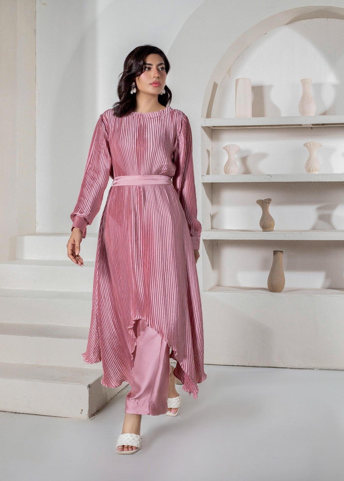 Shamooz Silk Coral Pink Co-ord Set Online in KSA Riyadh Saudi Arabia Oman Bahrain Qatar