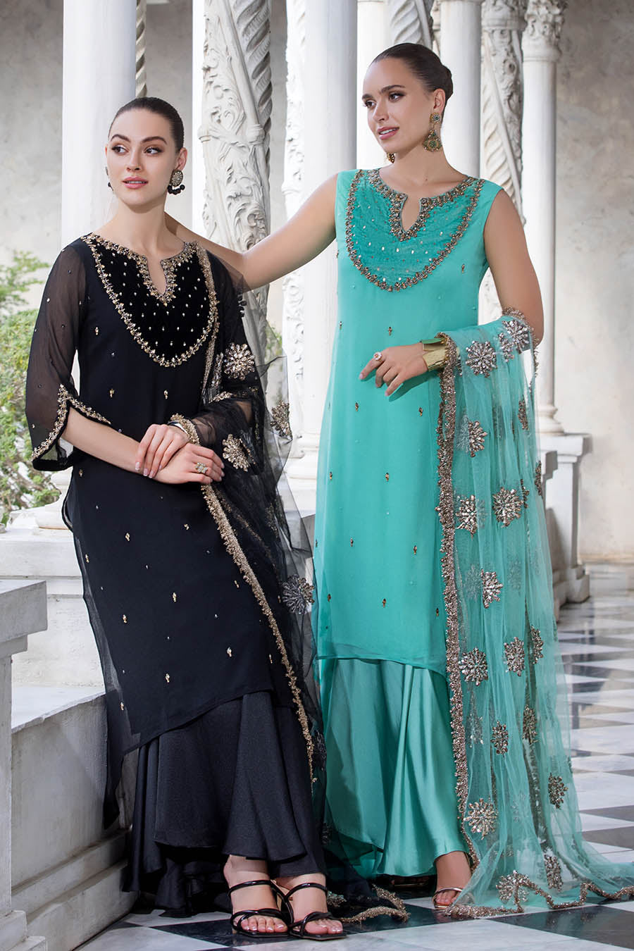 Sea Green Sharara Suit with Hand Work