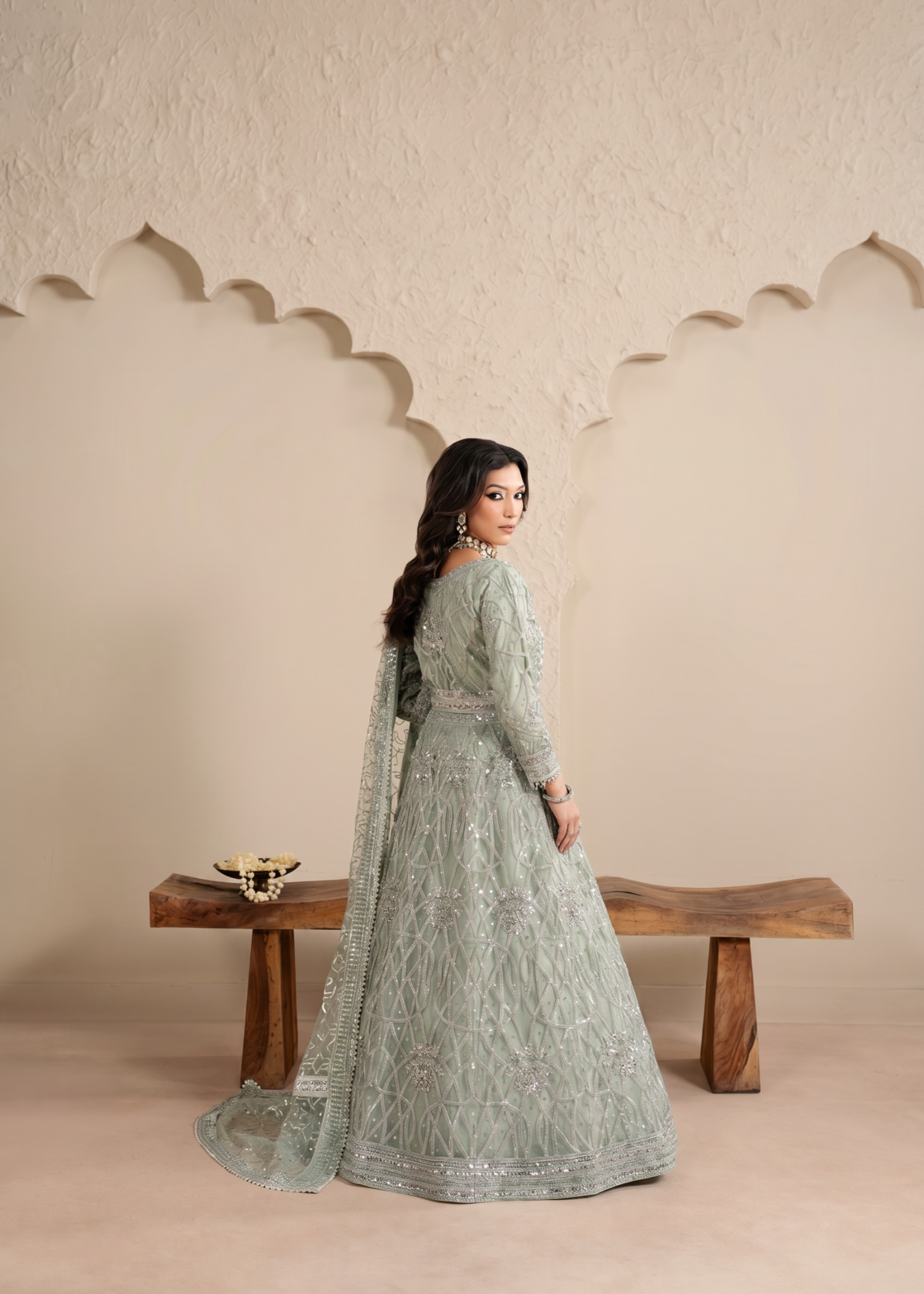 Shimmering Sage Green Embroidered Lehenga for Weddings Online in Dubai DXB UAE Abudhabi Meena Bazaar