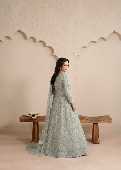 Shimmering Sage Green Embroidered Lehenga for Weddings Online in Dubai DXB UAE Abudhabi Meena Bazaar