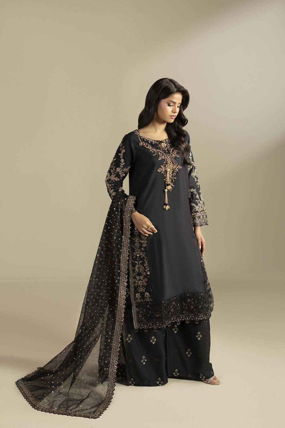 Black Embroidered Silk Pakistani Suit Online in Dubai UAE Abudhabi Ajman Sharjah