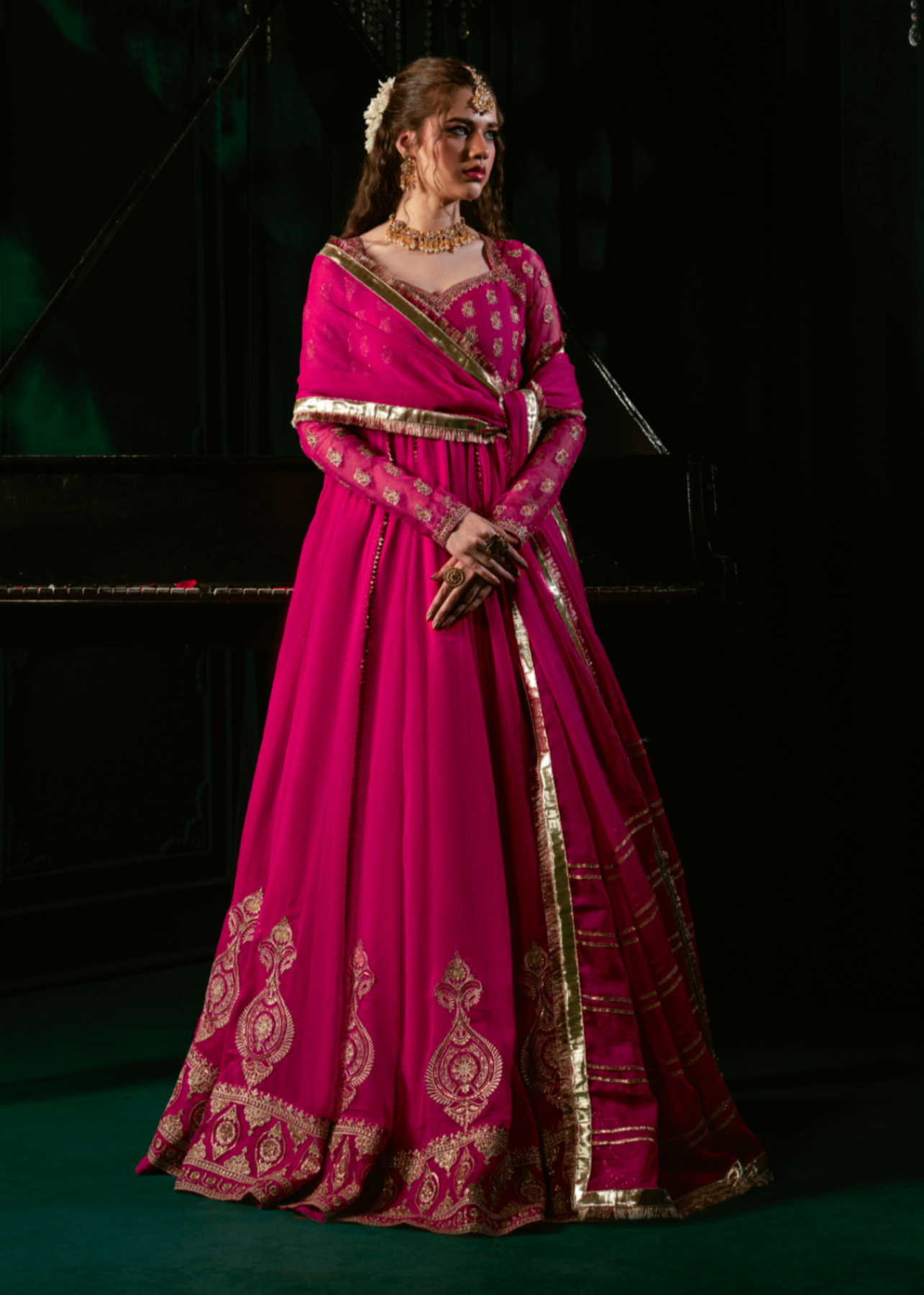 Shocking Pink Chiffon Embroidered Pishwas with Dupatta Online in Dubai UAE Abudhabi Ajman Sharjah