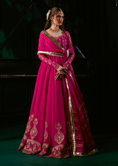 Shocking Pink Chiffon Embroidered Pishwas with Dupatta Online in Dubai UAE Abudhabi Ajman Sharjah