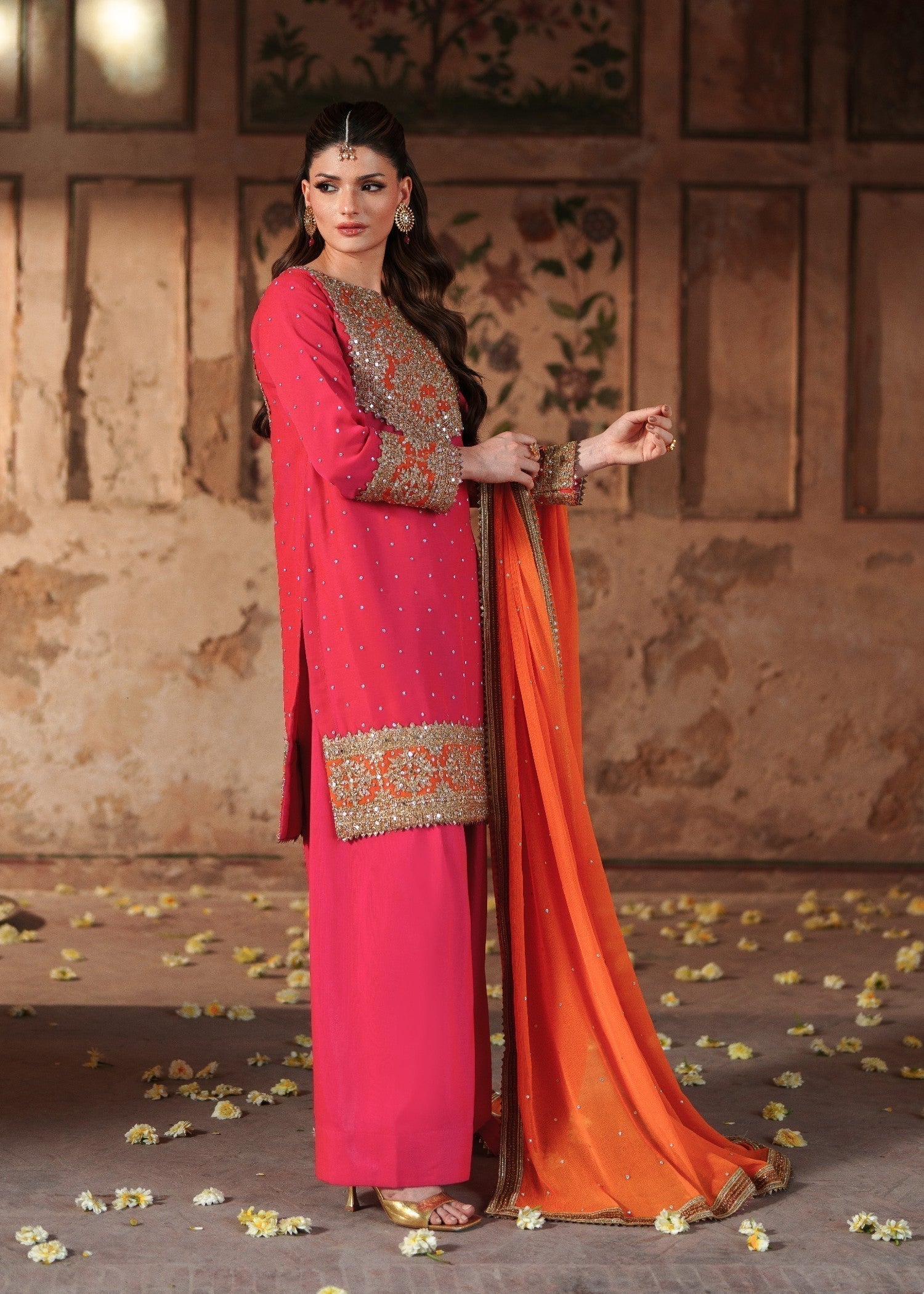 Shocking Pink Chiffon Pakistani Wedding Suit Online in Dubai UAE Abudhabi Ajman Sharjah