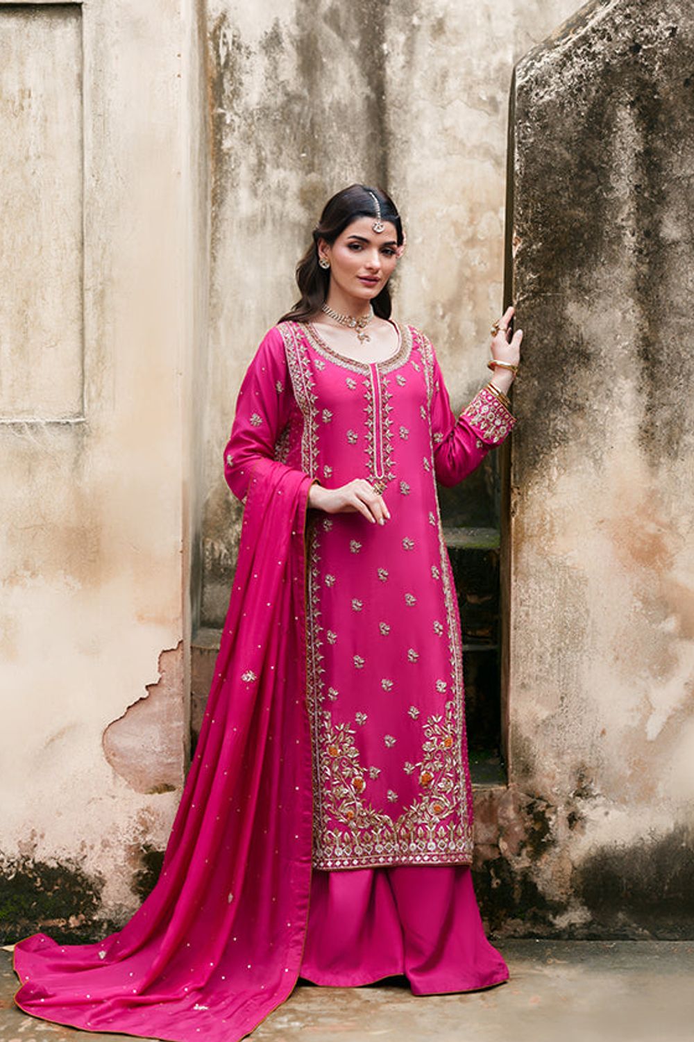 Shocking Pink Embroidered Charmuse Silk Partywear Suit Online in Dubai UAE Abudhabi Ajman Sharjah