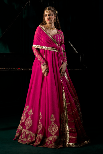 Shocking Pink Embroidered Chiffon Flared Pishwas Online in Dubai UAE Abudhabi Ajman Sharjah