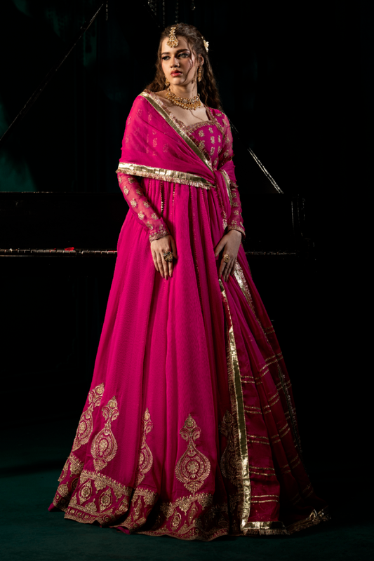 Shocking Pink Embroidered Chiffon Flared Pishwas Online in Dubai UAE Abudhabi Ajman Sharjah