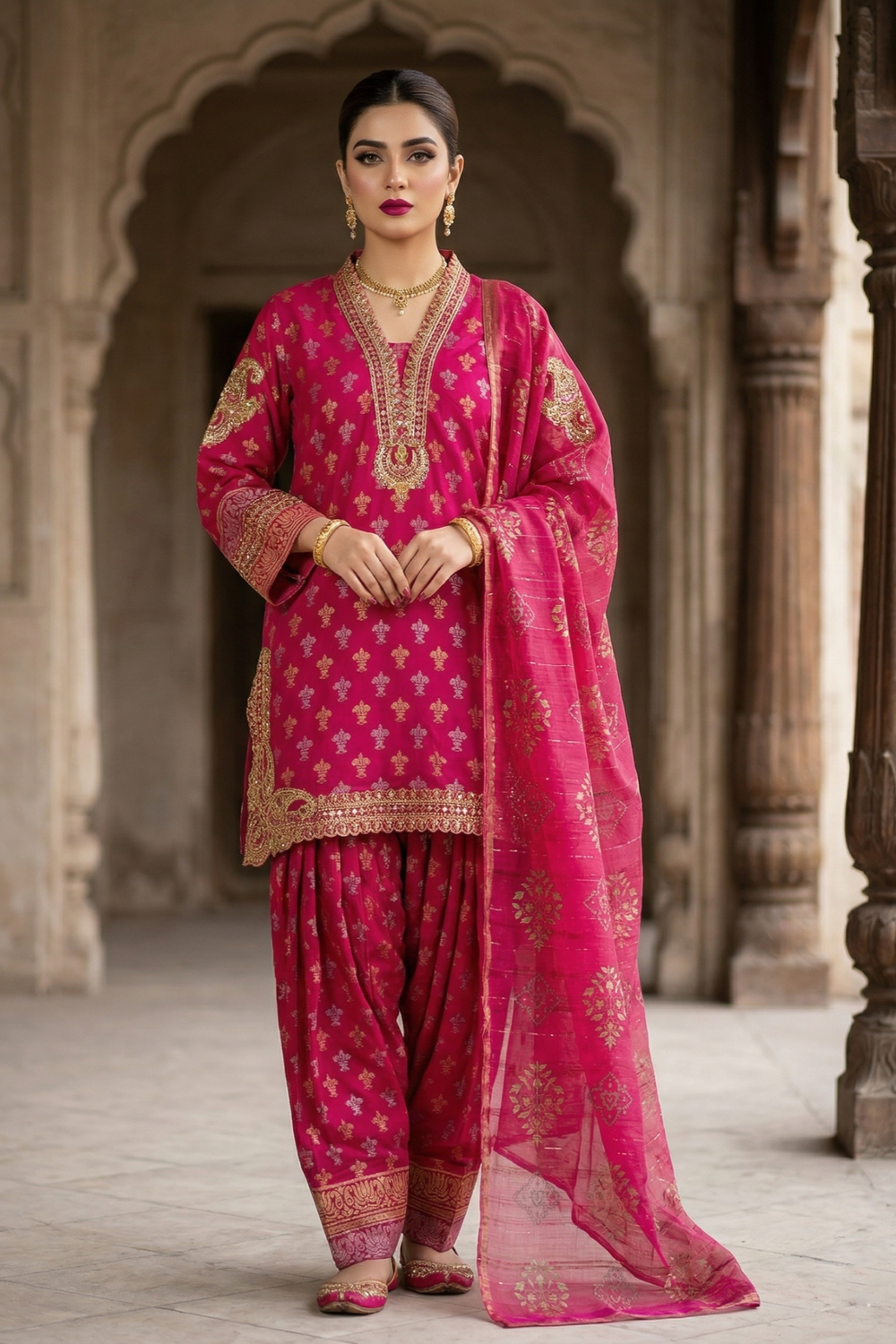 Shocking Pink Embroidered Jacquard Patiala Suit Online in Dubai UAE Abudhabi Ajman Sharjah