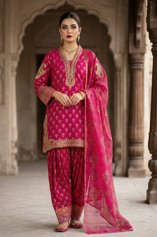 Shocking Pink Embroidered Jacquard Patiala Suit Online in Dubai UAE Abudhabi Ajman Sharjah
