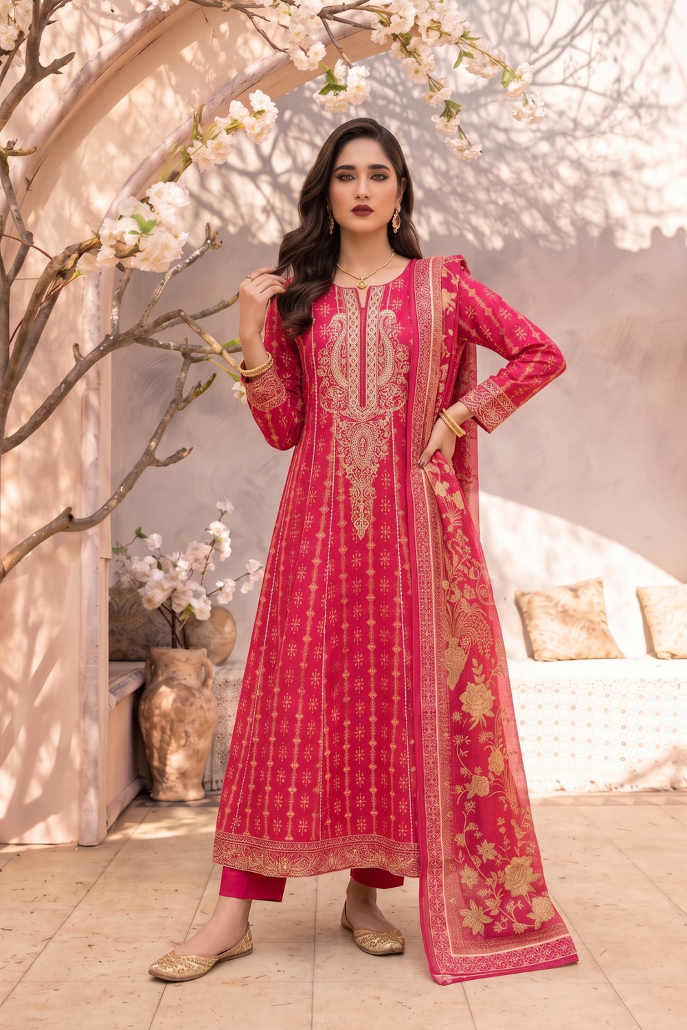 Shocking Pink Embroidered Jacquard Pishwas Suit Online in Dubai UAE Abudhabi Ajman Sharjah