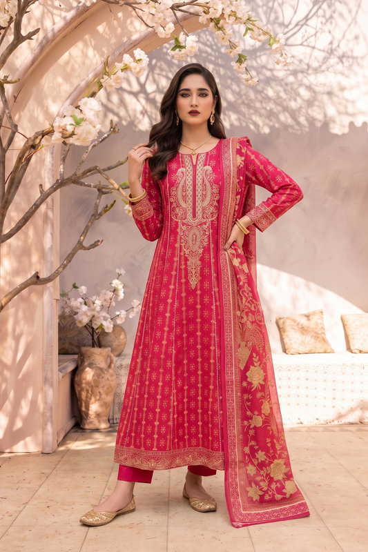 Shocking Pink Embroidered Jacquard Pishwas Suit Online in Dubai UAE Abudhabi Ajman Sharjah