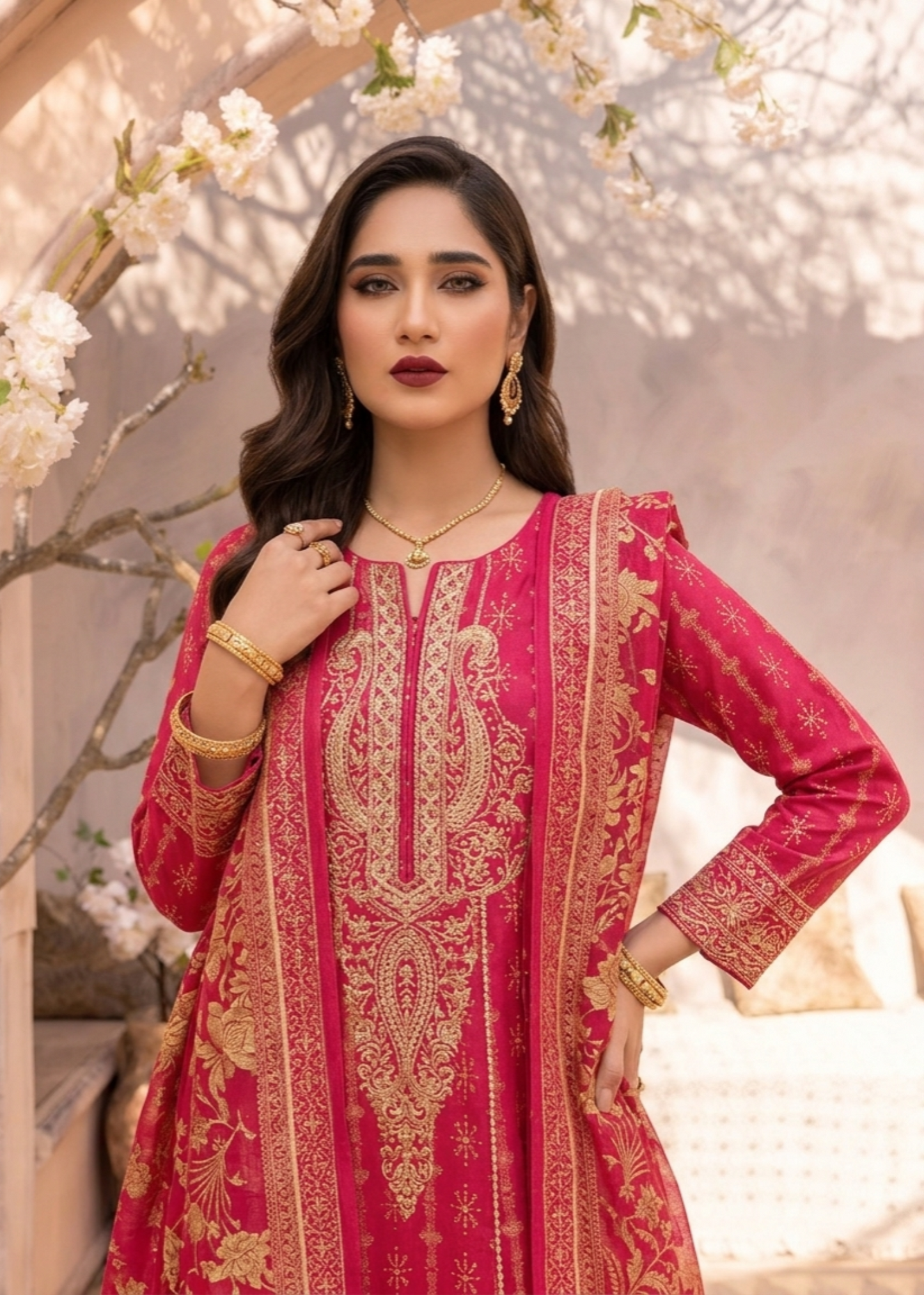 Shocking Pink Embroidered Jacquard Salwar Suit Online in Dubai UAE Abudhabi Ajman Sharjah