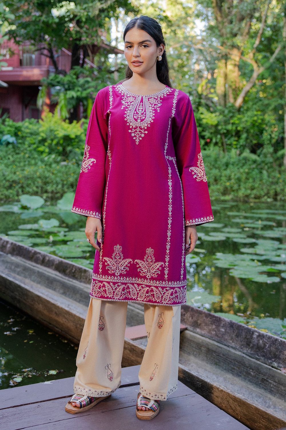 Shocking Pink Embroidered Khaddar Kurta Set Online in Dubai UAE Abudhabi Ajman Sharjah