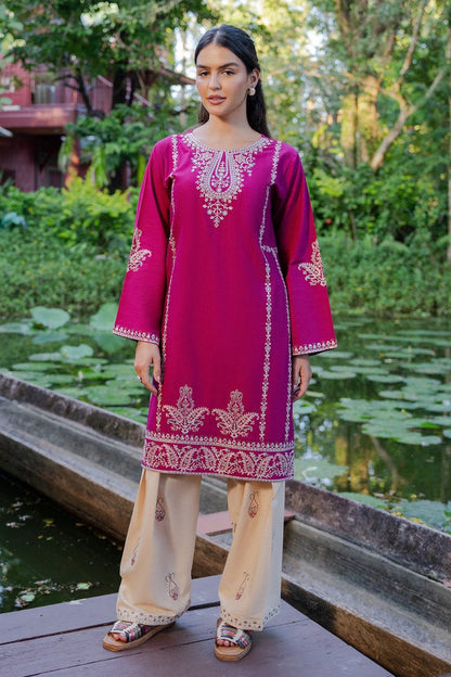 Shocking Pink Embroidered Khaddar Kurta Set Online in Dubai UAE Abudhabi Ajman Sharjah