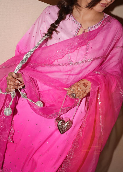 Shocking Pink Embroidered Raw Silk Farshi Shalwar Party Wear Online in Dubai UAE Abudhabi Ajman Sharjah