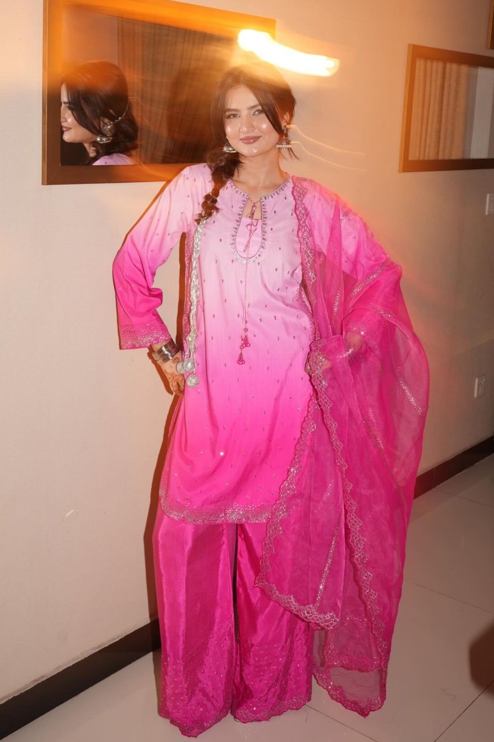 Shocking Pink Embroidered Raw Silk Farshi Shalwar Suit Online in Dubai UAE Abudhabi Ajman Sharjah