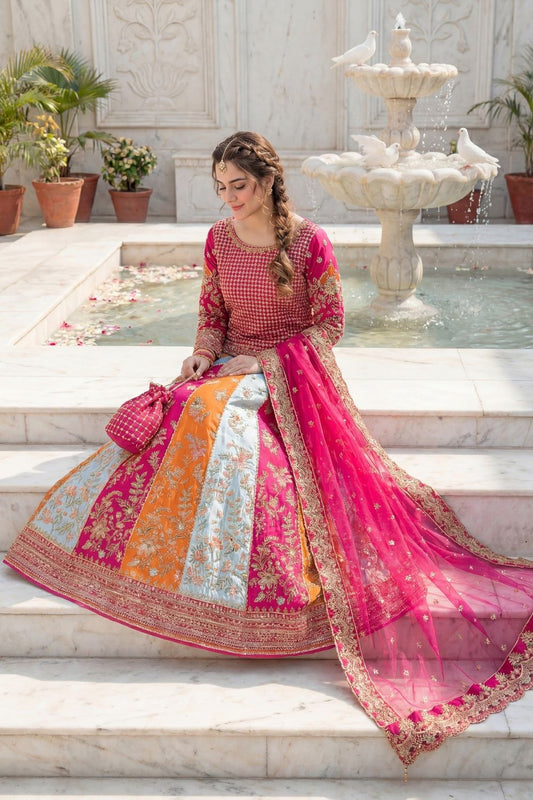 Shocking Pink Embroidered Raw Silk Lehenga Choli Online in Dubai UAE Abudhabi Ajman Sharjah