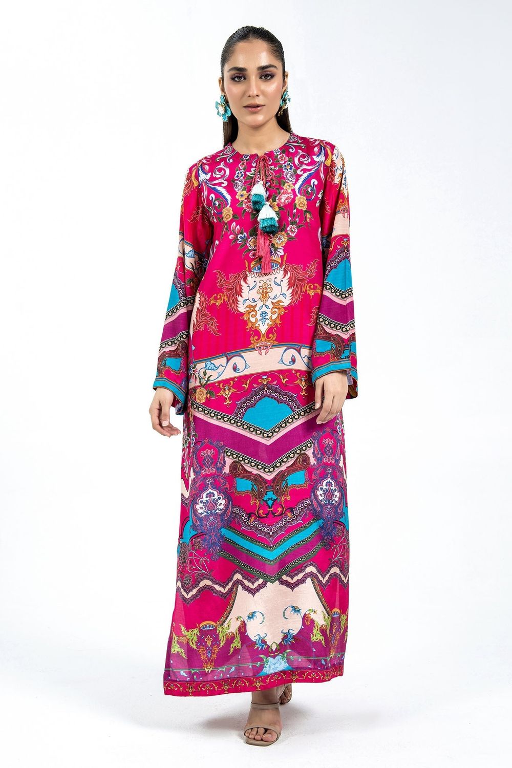 Shocking Pink Raw Silk Long Kaftan Suit Online in Dubai UAE Abudhabi Ajman Sharjah
