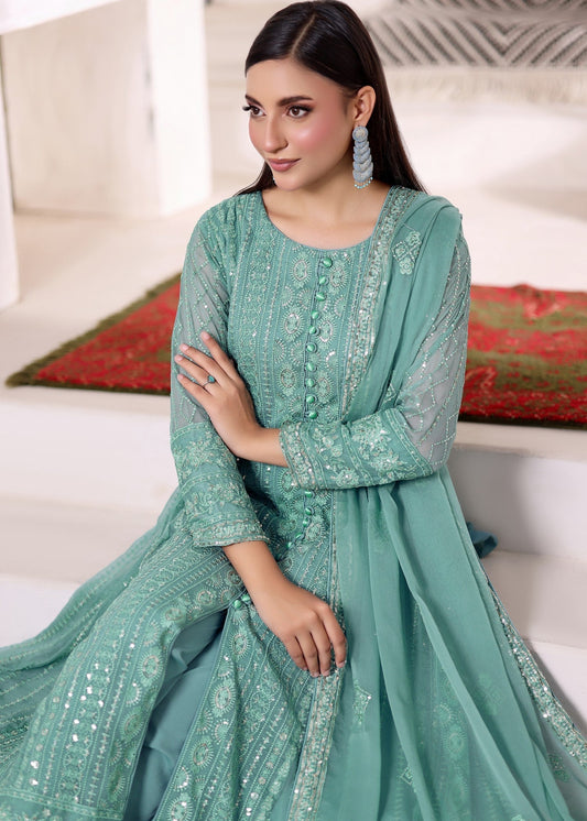 Shop Aquamarine Embellished Chiffon Festive Suit Online in Sri Lanka India Australia