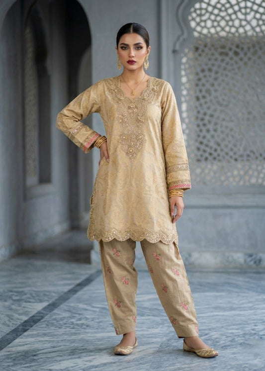 Shop Beige Embroidered Jacquard Patiala Suit Online in Dubai DXB UAE Abudhabi Meena Bazaar
