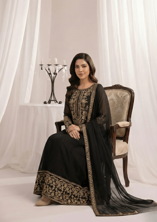 Shop Black Embroidered Bemberg Chiffon Straight Trouser Suit Online in Sri Lanka India Australia