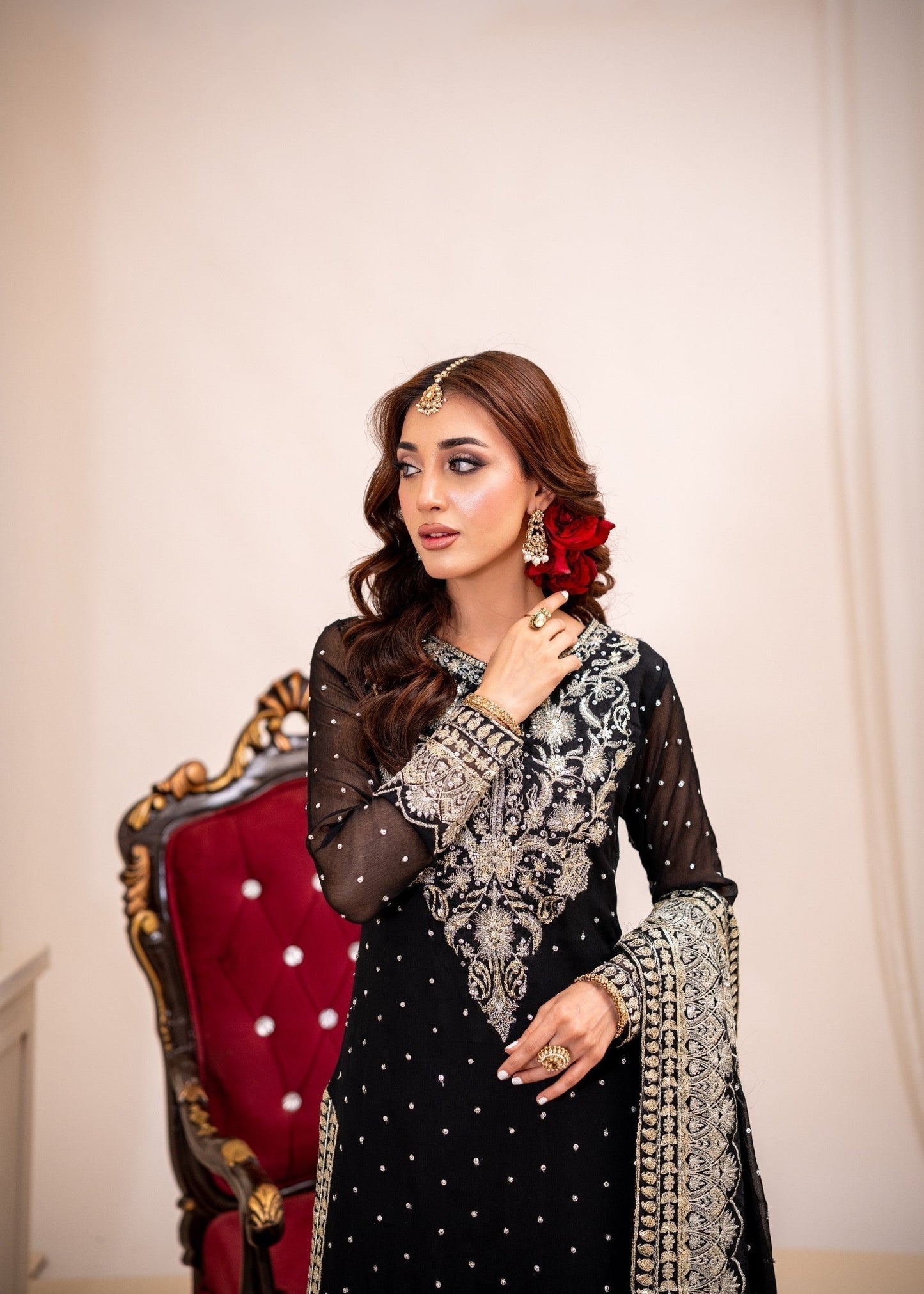 Shop Black Embroidered Bemberg Crinkle Chiffon Partywear Suit Online in Dubai DXB UAE Abudhabi Meena Bazaar