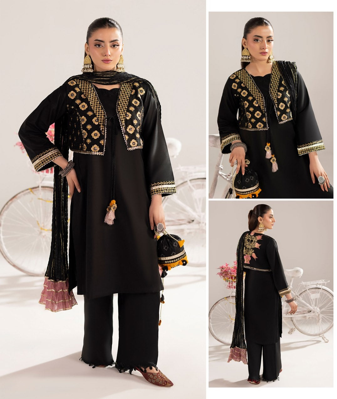 Shop Black Embroidered Cotton Suit with Potli Online in Dubai DXB UAE Abudhabi Meena Bazaar