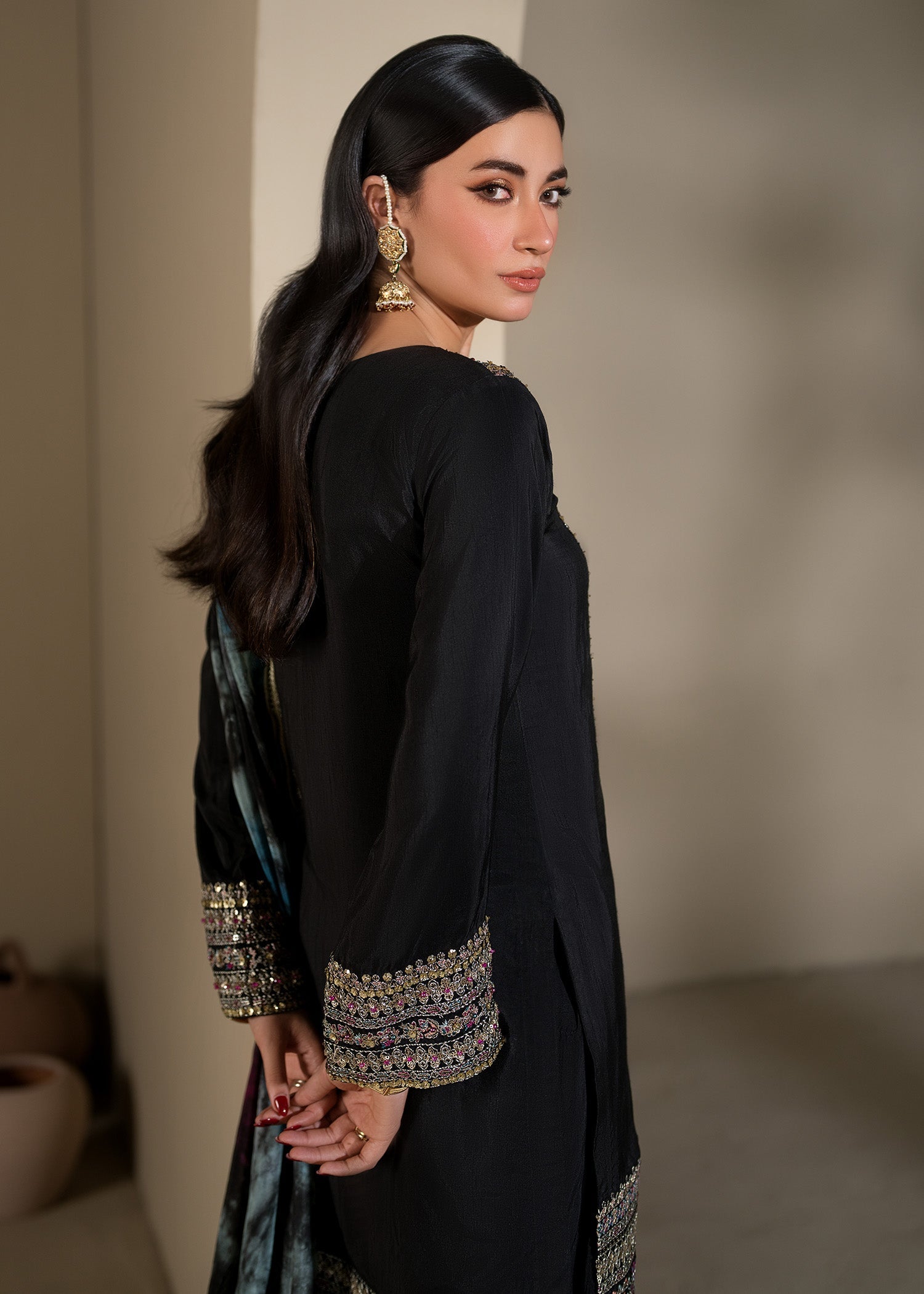 Shop Black Farshi Shalwar Raw Silk Festive Wear Online in Dubai DXB UAE Abudhabi Meena Bazaar