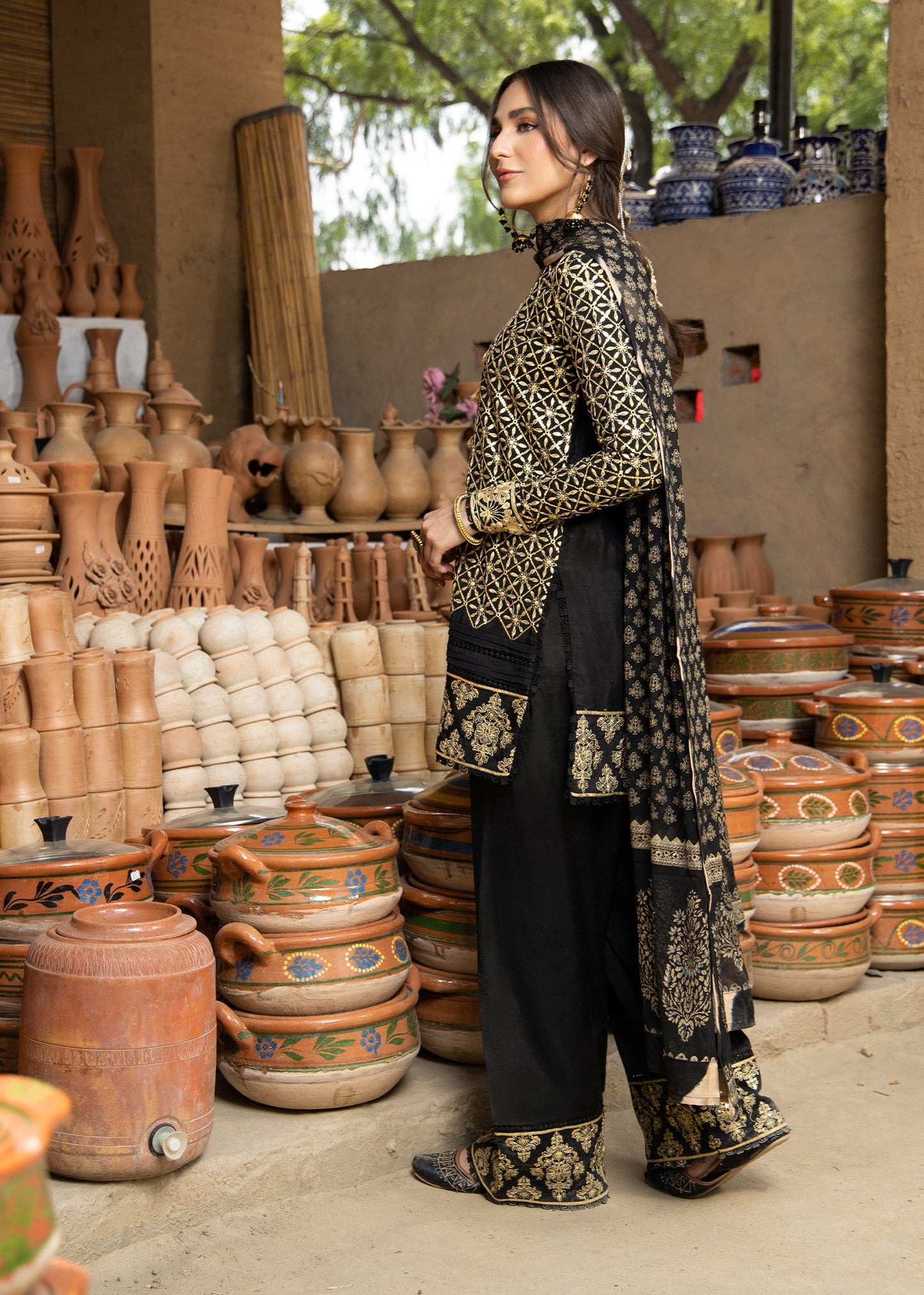 Shop Black Gold Embroidered Viscose Salwar Suit Online in Dubai DXB UAE Abudhabi Meena Bazaar