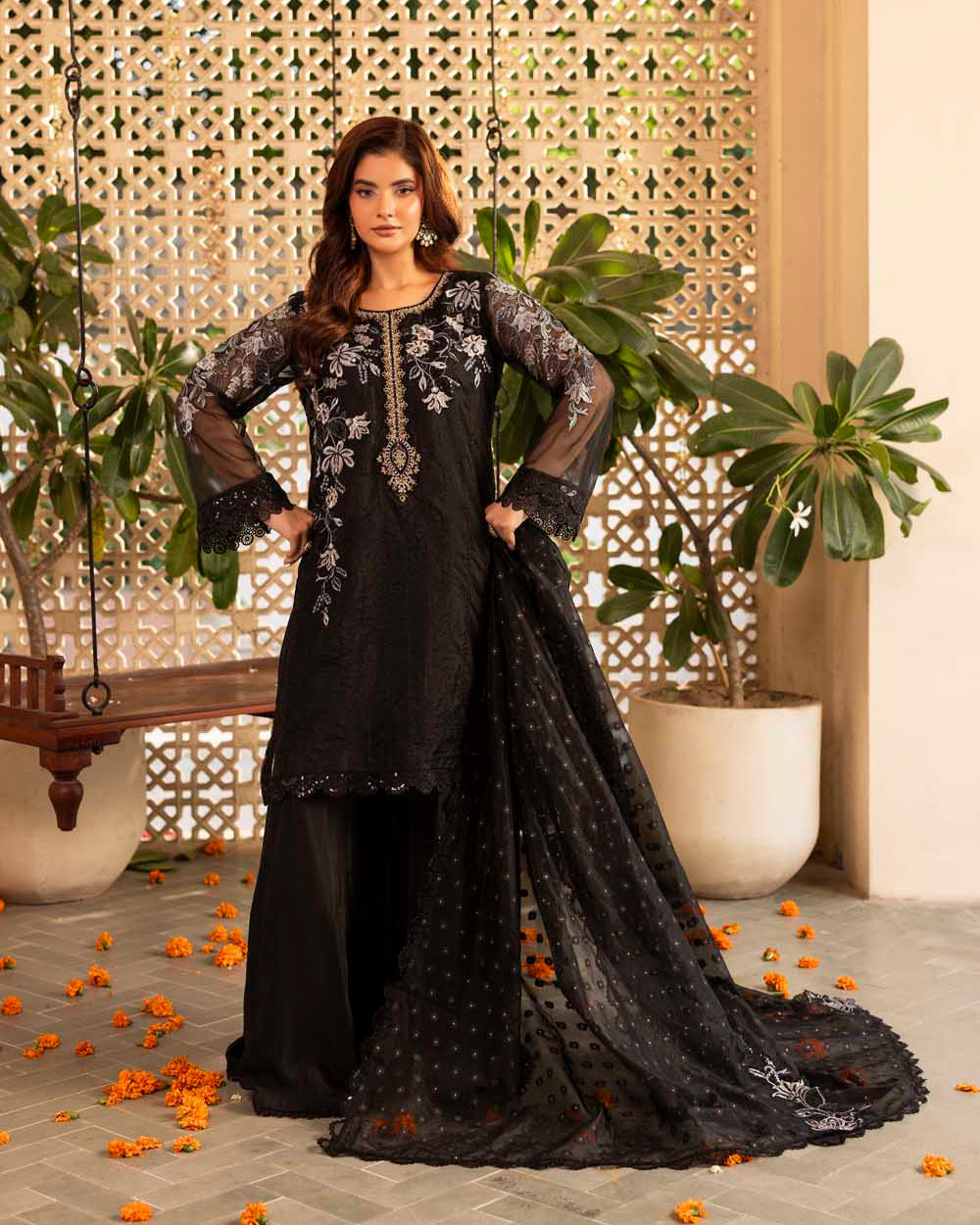 Shop Black Hand Embellished Organza Ready to Wear Suit Online in Dubai DXB UAE Abudhabi Meena Bazaar