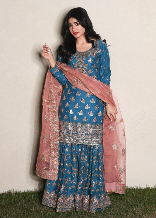 Shop Blue Chiffon Embroidered Wedding Wear Online in Dubai DXB UAE Abudhabi Meena Bazaar