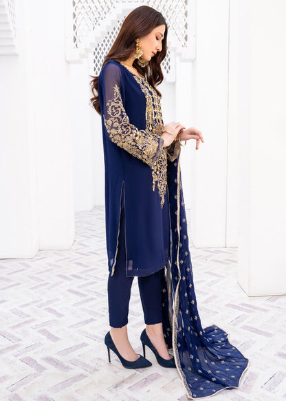Shop Blue Raw Silk Trouser Chiffon Suit Online in Dubai UAE Abudhabi Ajman Sharjah